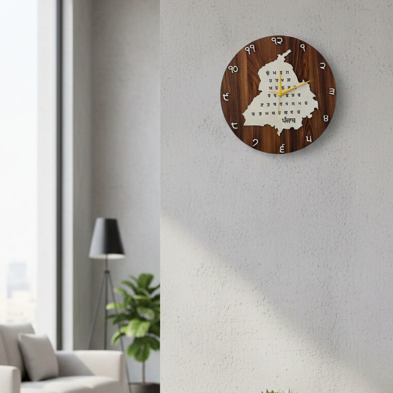 Premium Wooden Punjab Map Wall Clock with Gurmukhi Numbers – Punjabi Cultural Home Decor